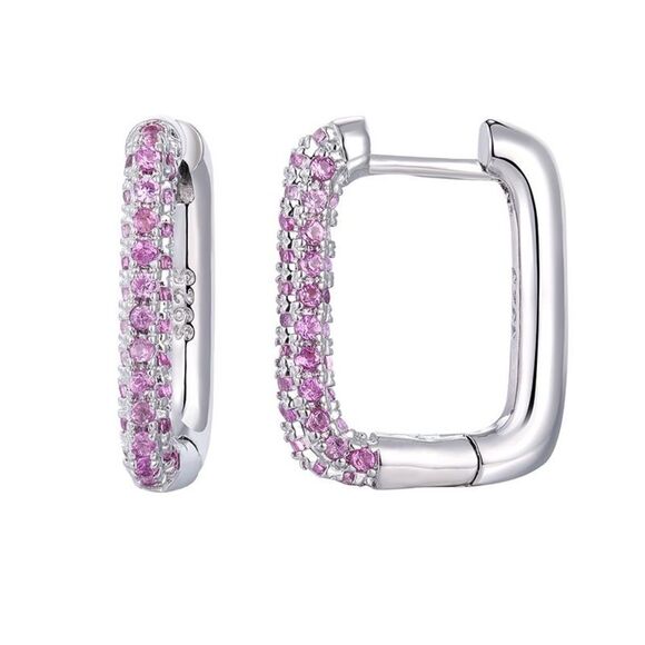 CZ Zircon Fuchsia - Silver Pleated Pavé Hoop Earrings - - Picture 1 of 3